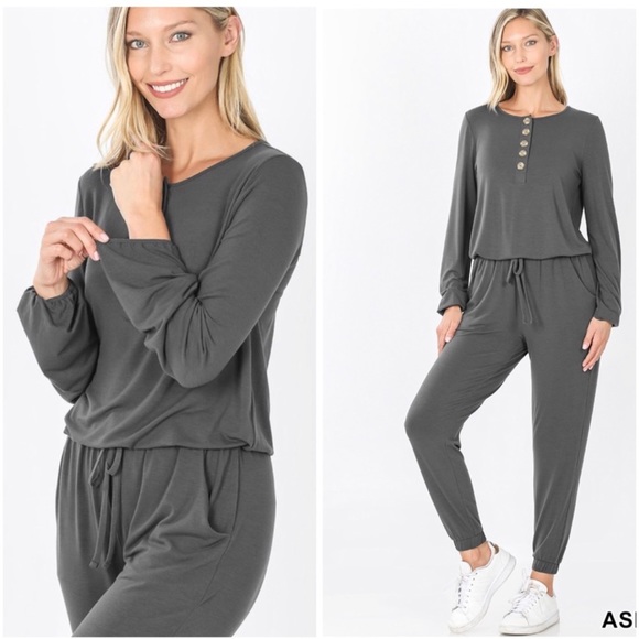 Long sleeve jumpsuit in mocha or ash gray - Picture 2 of 5